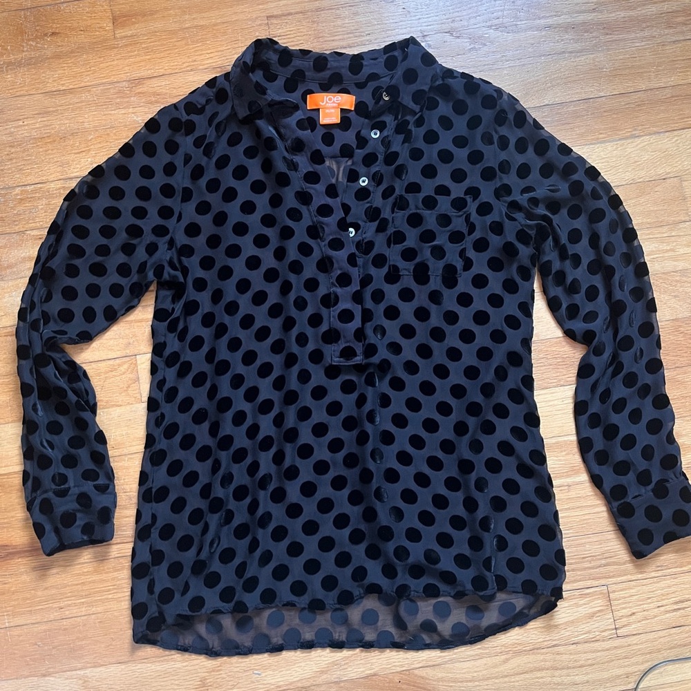 Sheer Black velvety Polka Dot Blouse size M